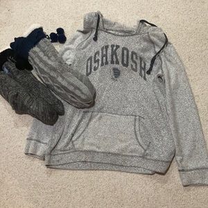 Two pairs of fuzzy socks and a mild condition hoodie.